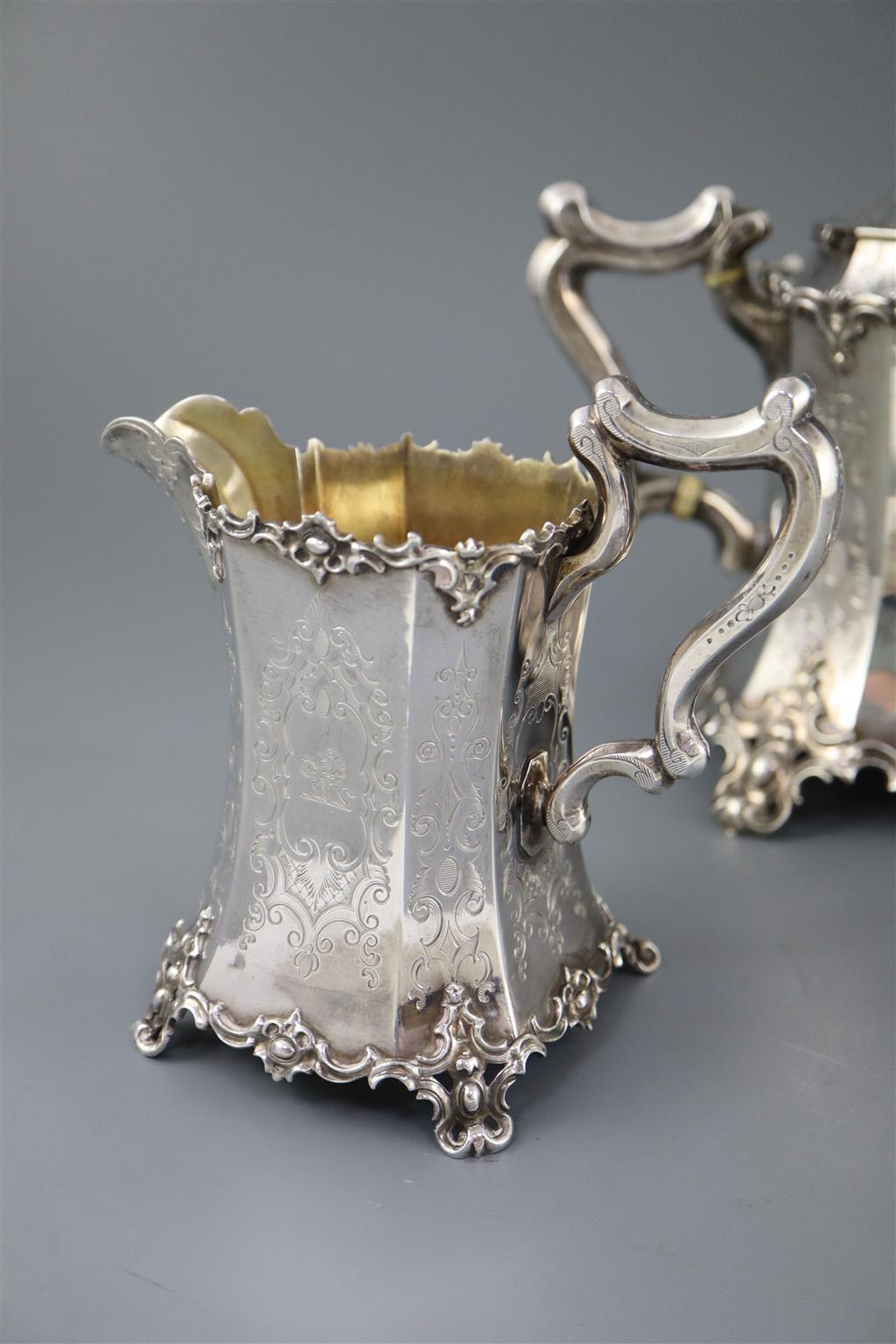 An early Victorian silver three piece tea set, by William Bateman,